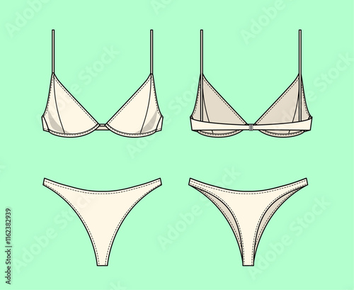  Ladies, Girls Two piece swimsuit outline drawing flat sketch. 