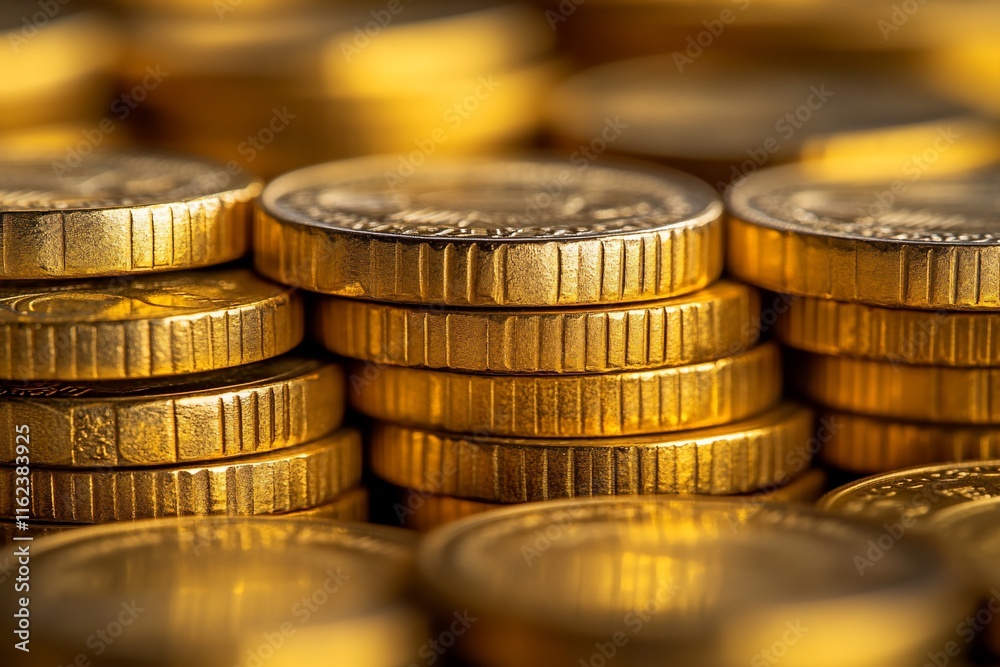 Close-up of stacked gold coins.