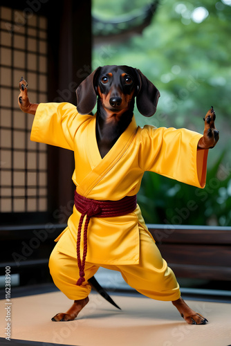 image of a Dachshund dog wearing a bright yellow kimono and posing as a Shaolin monk practicing Kung Fu
 photo