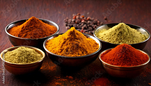 Fototapeta Naklejka Na Ścianę i Meble -  Vibrant assortment of spices in rustic bowls.  Perfect for culinary, food blog, or health  wellness content.  High-quality image showcasing texture and color.