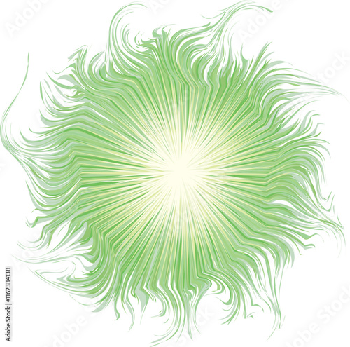 Bright circular yellow midpoint drawing furry pom shape art design. Fuzzy magic laser sphere form in modern creative fur line style. Lime color power sun boom ball symbol on dark night space for text