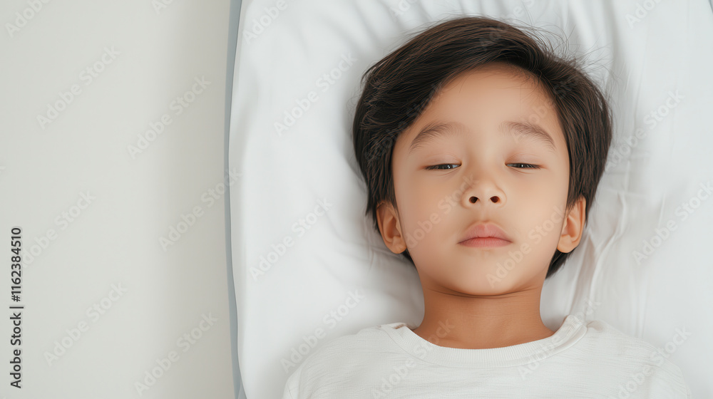 young boy lies peacefully on white pillow, eyes gently closed, wearing white shirt. serene expression suggests calmness and restfulness, highlighting simplicity and innocence of childhood young boy lies peacefully on white pillow, eyes gently closed, wearing white shirt. serene expression suggests calmness and restfulness, highlighting simplicity and innocence of childhood