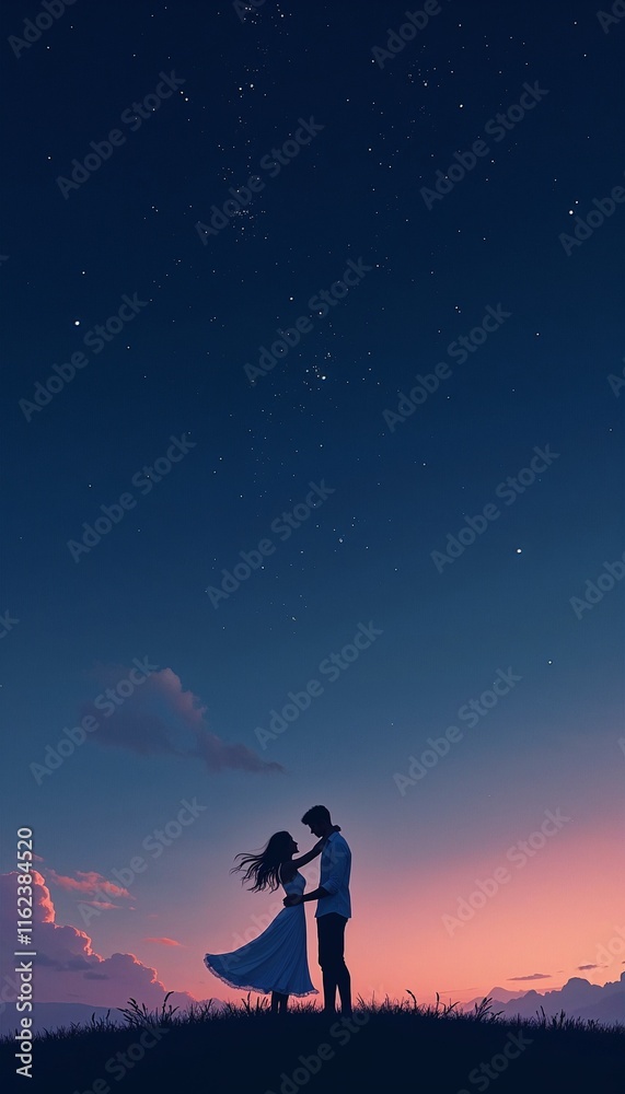 Fototapeta premium Silhouetted couple dancing under a starry night sky during a romantic sunset in a serene landscape