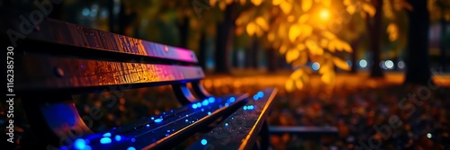 Serene autumn scene with a bench under vibrant maple leaves