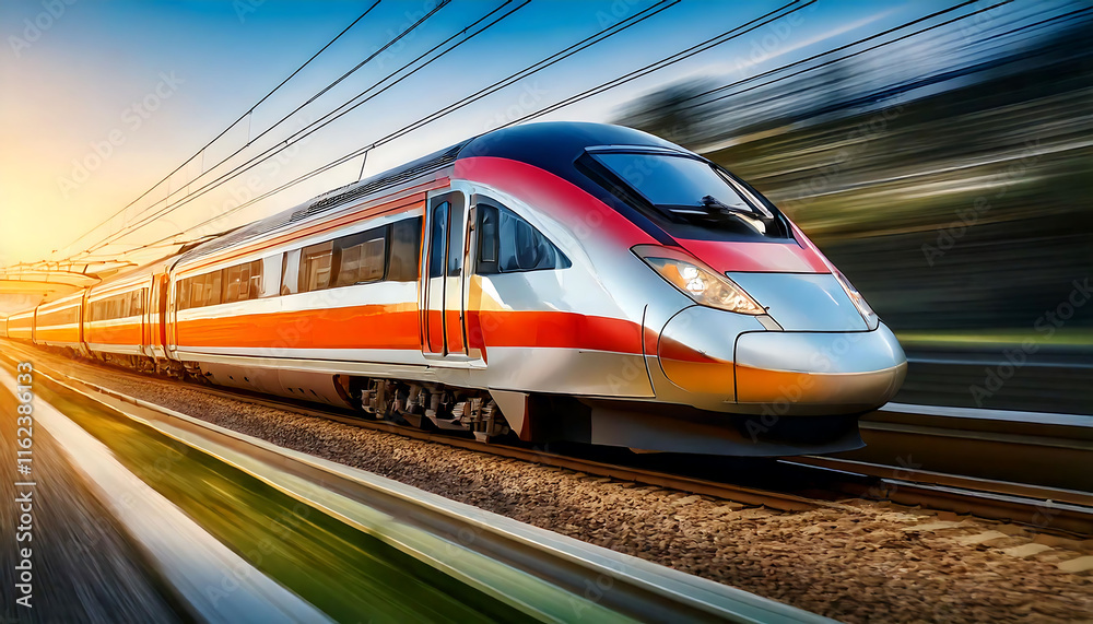 Naklejka premium High-speed train speeding along railway tracks at sunset. Dynamic motion blur conveys speed and efficiency. Ideal for travel, transportation, technology, and infrastructure projects.
