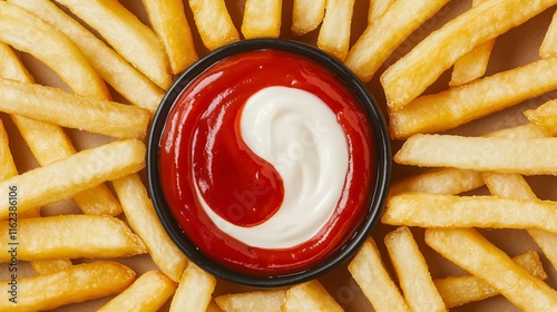 Fries encircling a yin-yang ketchup and mayo dip, isolated on a minimalist Zen garden-themed backdrop