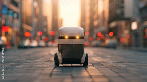 A photorealistic image of a delivery robot navigating a bustling city street, delivering packages autonomously and safely.   photo