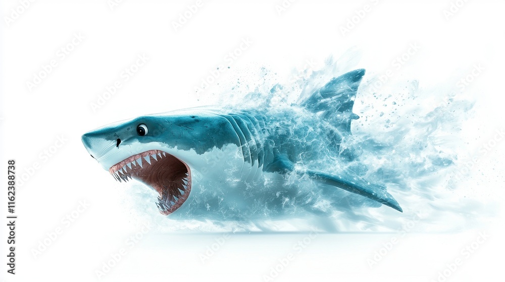 Naklejka premium Aggressive Great White Shark Attacking in Open Water Cartoon Style High Fidelity Dynamic Environment