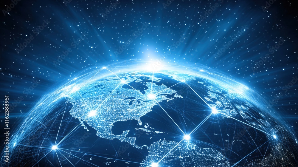 Vibrant Digital Connection Over Planet Earth with Stars and Light Rays in Background Vibrant Digital Connection Over Planet Earth with Stars and Light Rays in Background