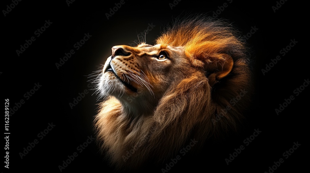 Naklejka premium Intense Gaze of a Majestic Lion Dark Background High Fidelity Image Close-Up View Wildlife Concept