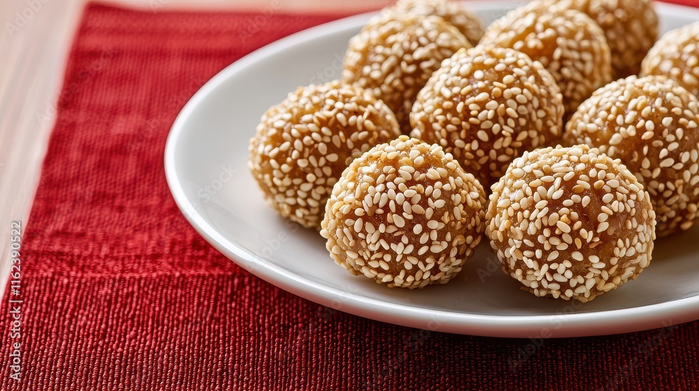 Chinese New Year Food Concept, Delicious Sweet Sesame Balls Coated with Golden Seeds on a White Plate Chinese New Year Food Concept, Delicious Sweet Sesame Balls Coated with Golden Seeds on a White Plate