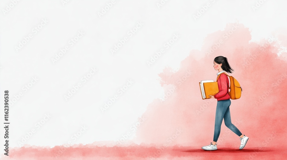 Girl Walking with Book in Hand-Drawn Illustration on Red Watercolor Background, Featuring Young Woman in Casual Outfit, Backpack, and Sneakers, Modern Artistic Style for Educational Themes Girl Walking with Book in Hand-Drawn Illustration on Red Watercolor Background, Featuring Young Woman in Casual Outfit, Backpack, and Sneakers, Modern Artistic Style for Educational Themes