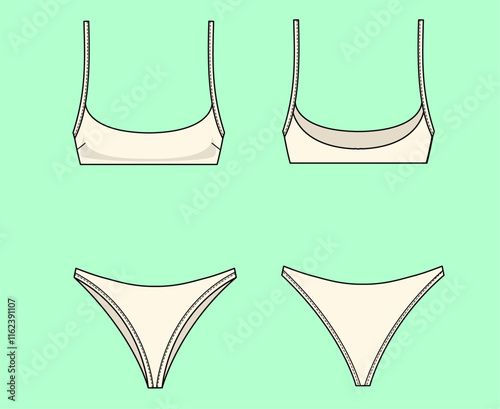 Two piece swimsuit outline drawing flat sketch. 