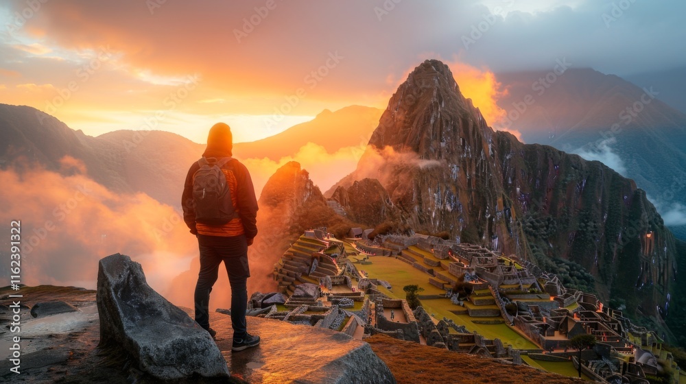 Obraz premium Traveler standing on a cliff overlooking Machu Picchu ruins during a vibrant sunrise with mist and mountain backdrop