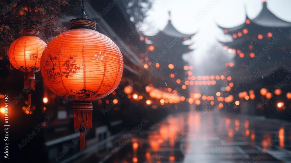 Fototapeta premium Red Lanterns Glow in Rainy Asian Street; Serene Night