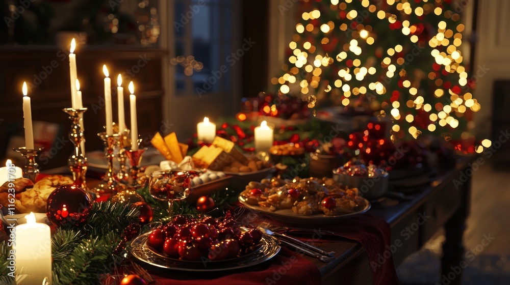 Festive Christmas Table Setting With Candles and Ornaments Festive Christmas Table Setting With Candles and Ornaments