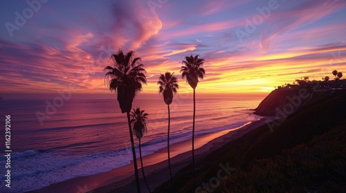 Stunning beach sunset with palm trees silhouetted against vibrant purple and orange skies
