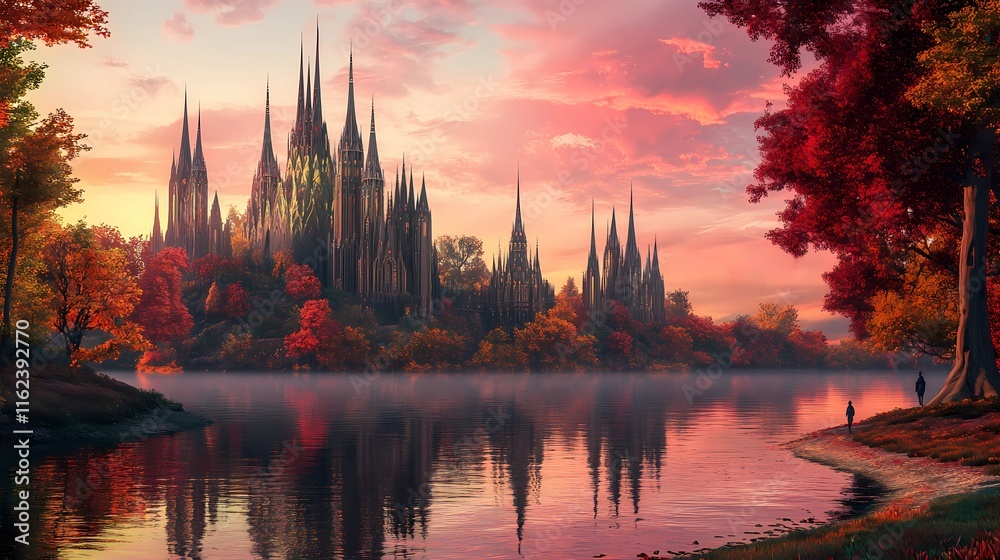 Naklejka premium A magical floating castle with spires rising above a serene reflecting lake surrounded by colorful autumn trees.