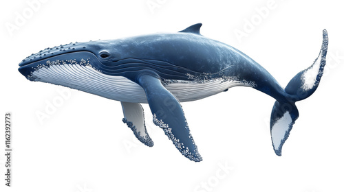 Photorealistic 3D rendering showing humpback whale swimming underwater, isolated on transparent background, ideal for digital compositing