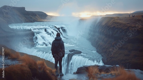 Solo traveler admiring a wide cascading waterfall flowing through a misty canyon at dawn photo