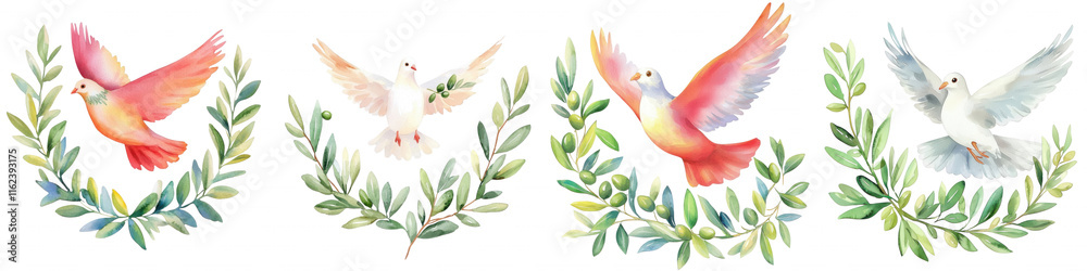 Fototapeta premium Easter religious clipart. Colorful doves flying among leafy branches on a black background.