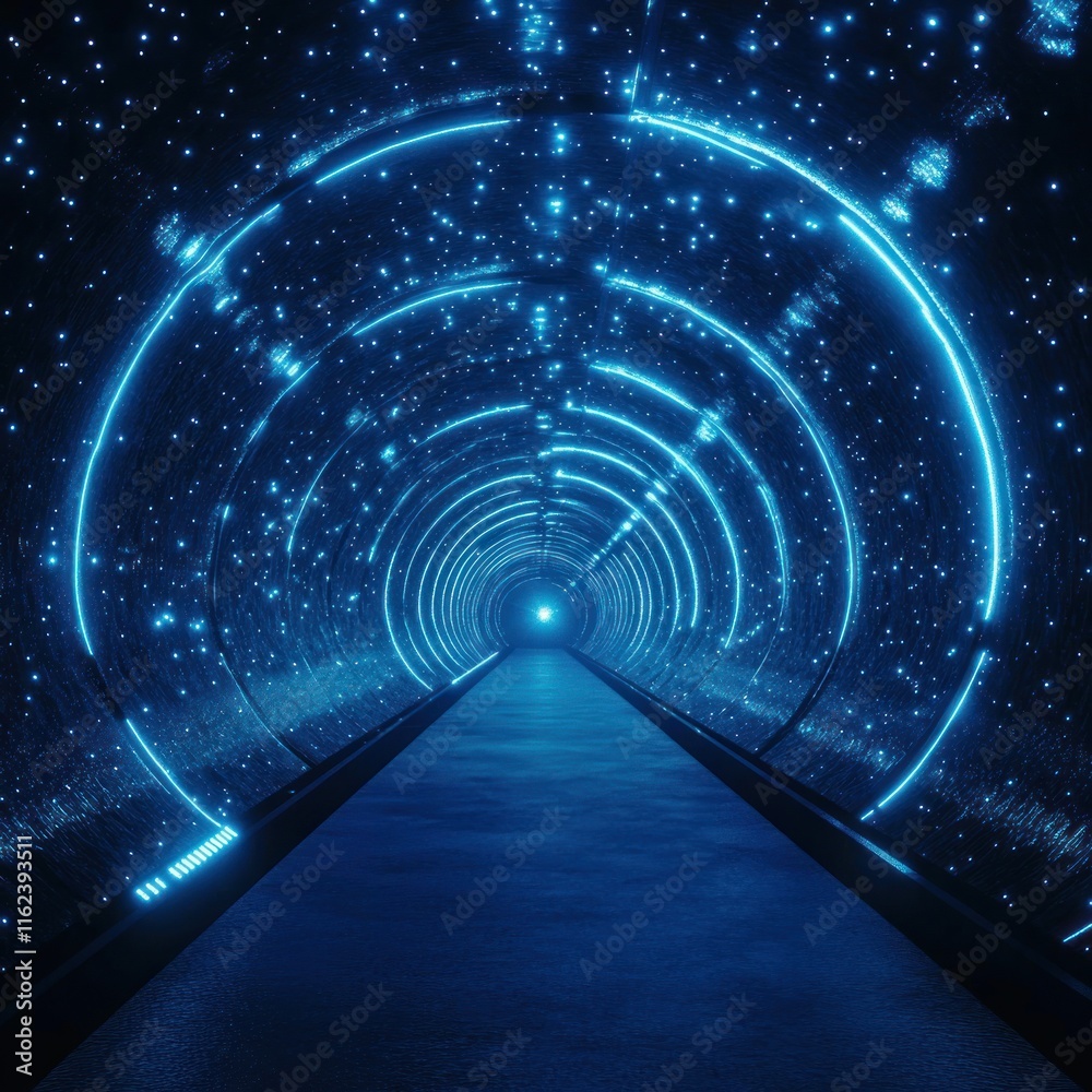Neon Blue Circular Tunnel Starry Night Cosmic Pathway Neon Blue Circular Tunnel Starry Night Cosmic Pathway