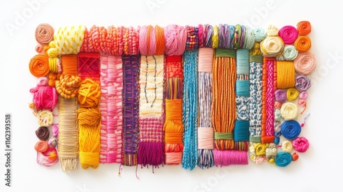 30.Colorful selection of thread stitches isolated on a pure white background, featuring various techniques such as zigzag, running stitch, and backstitch, each one perfectly aligned to demonstrate photo