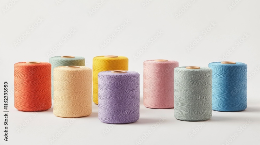 36.A series of colorful sewing thread spools, isolated on a pristine white background, each wrapped in smooth, industrial-quality yarns, ranging from pastel shades to deep tones, perfect for textile 36.A series of colorful sewing thread spools, isolated on a pristine white background, each wrapped in smooth, industrial-quality yarns, ranging from pastel shades to deep tones, perfect for textile