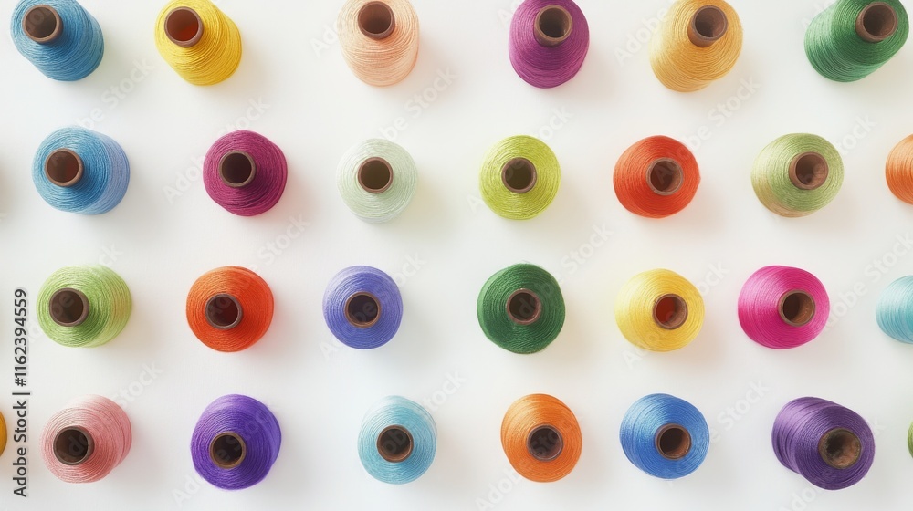 44.Top view of an assortment of sewing thread spools in a vibrant range of colors, spread evenly across a white background, each spool forming a striking visual with its bright, saturated hues. 44.Top view of an assortment of sewing thread spools in a vibrant range of colors, spread evenly across a white background, each spool forming a striking visual with its bright, saturated hues.