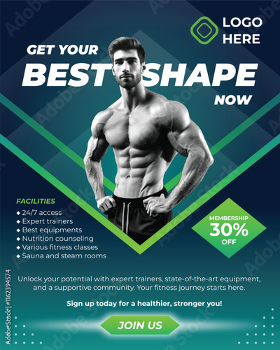 Gym Membership Invitation Poster Flyer Template Green Navy Sporty Greyscale