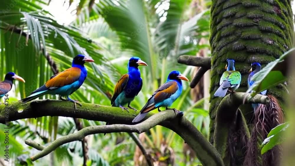 Vibrant tropical birds perched on a branch in lush green foliage.