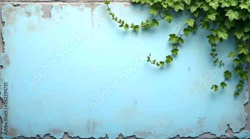 Weathered Cinderblock Wall with Vines and Soft Blue Gradient Texture
