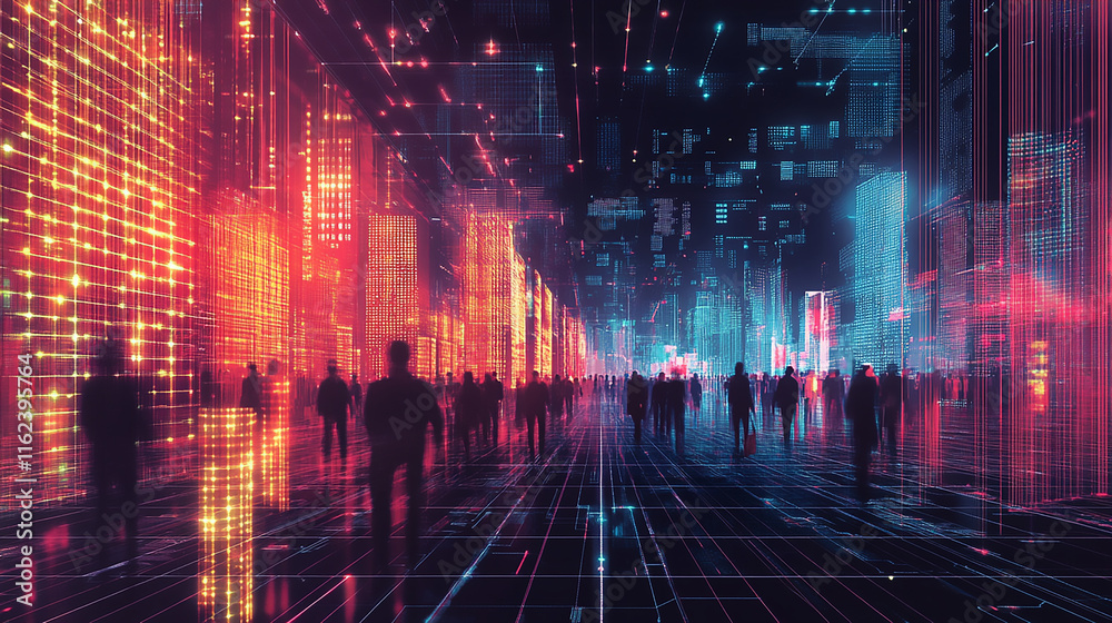 Digital city with people walking through glowing data streams. Digital city with people walking through glowing data streams.