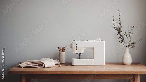 77.Minimalist sewing workspace with a sleek white machine, beige fabric resting beside it, and essential craft tools placed on a wooden table; background is a muted gray wall, enhancing a clean and