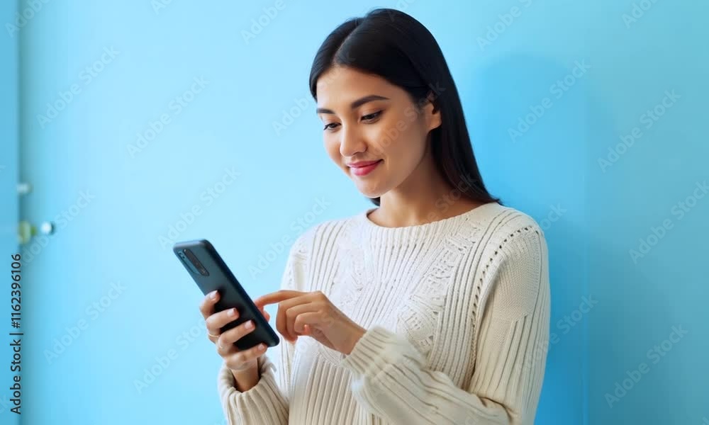 Woman smiling while using her phone.mp4