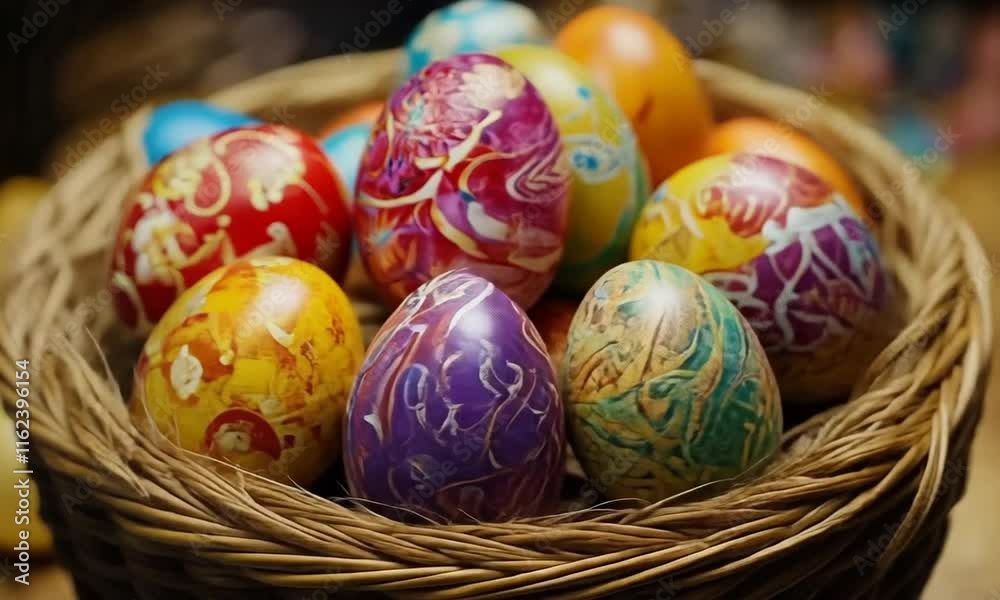 A colorful assortment of intricately decorated Easter eggs in a woven basket.