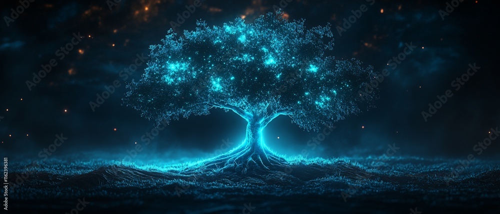 Obraz premium Glowing blue tree at night in mystical landscape.