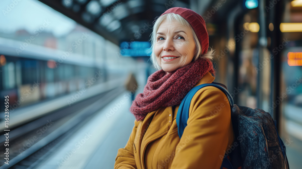 Fototapeta premium Happy middle-aged grey-haired woman with backpack waiting at the train station