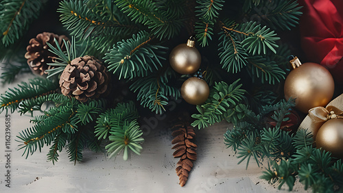 A Beautiful Christmas Background with green fir tree  brunch close up. Copy space, trendy moody dark toned design for seasonal quotes. Natural winter holiday forest backdrop