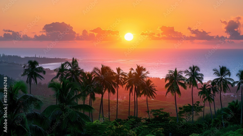 Obraz premium Golden sunset over tropical coastline with silhouetted palm trees and vibrant ocean colors