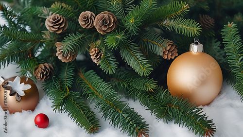 A Beautiful Christmas Background with green fir tree  brunch close up. Copy space, trendy moody dark toned design for seasonal quotes. Natural winter holiday forest backdrop