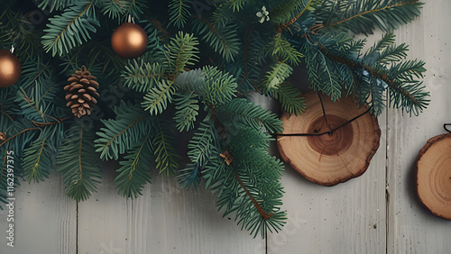 A Beautiful Christmas Background with green fir tree  brunch close up. Copy space, trendy moody dark toned design for seasonal quotes. Natural winter holiday forest backdrop