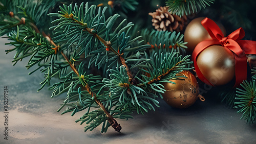 A Beautiful Christmas Background with green fir tree  brunch close up. Copy space, trendy moody dark toned design for seasonal quotes. Natural winter holiday forest backdrop