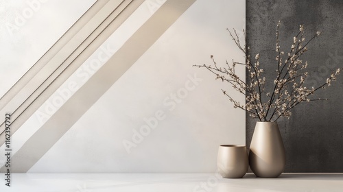 A contemporary design with diagonal beige lines on a matte white surface, exuding sophistication