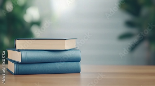 Stack Of Blue Books On Wooden Table In Library With Blurred Background And Soft Natural Light Highlighting Reading And Education Concepts In A Calm Cozy Study Environment photo
