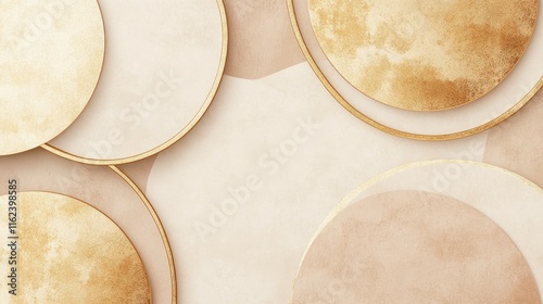 A minimalist design with overlapping circles in soft beige and gold, perfect for packaging