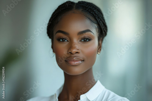 Portrait of a young Black woman with braided hair, wearing a white shirt, looking directly at the camera.