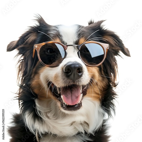 Cool Pup in Shades: A cheerful Australian Shepherd dog with a happy, playful expression, sporting stylish sunglasses. Perfect for capturing the fun and carefree spirit of summer, adventure. photo