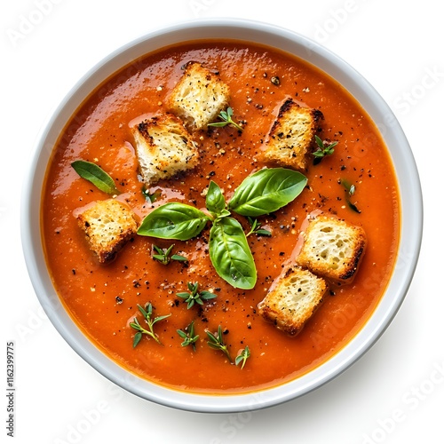 Tomato soup with croutons and basil. A vibrant bowl of creamy tomato soup, garnished with crispy croutons and fresh basil. The perfect comfort food for a chilly evening.