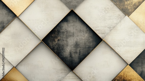 A modern minimalist background with overlapping diamond shapes in neutral tones, accented with gold